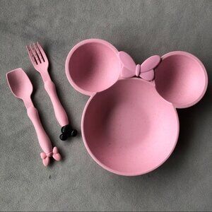 Minnie Mouse Bamboo Feeding Set ~ Pink ~ Divided Dish Fork  Spoon ~ Brand New